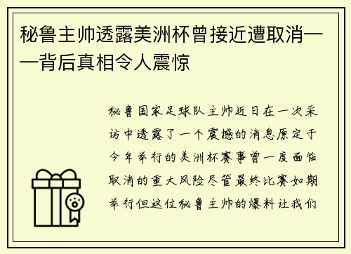 秘鲁主帅透露美洲杯曾接近遭取消——背后真相令人震惊