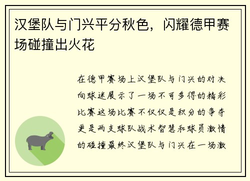 汉堡队与门兴平分秋色，闪耀德甲赛场碰撞出火花